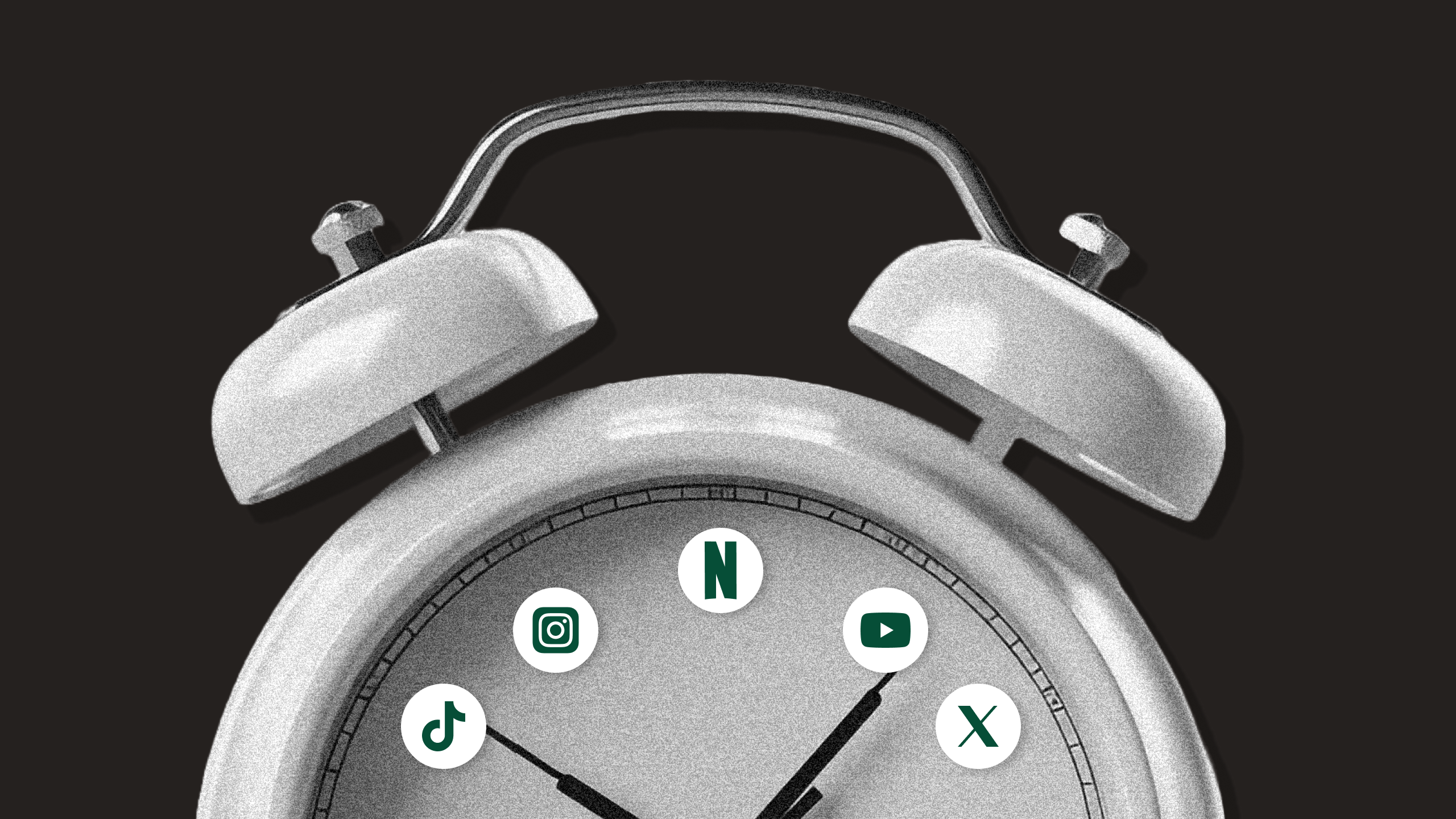 Photo illustration of an alarm clock with TikTok, Instagram, Netflix, YouTube, and X logos at different positions on the clock